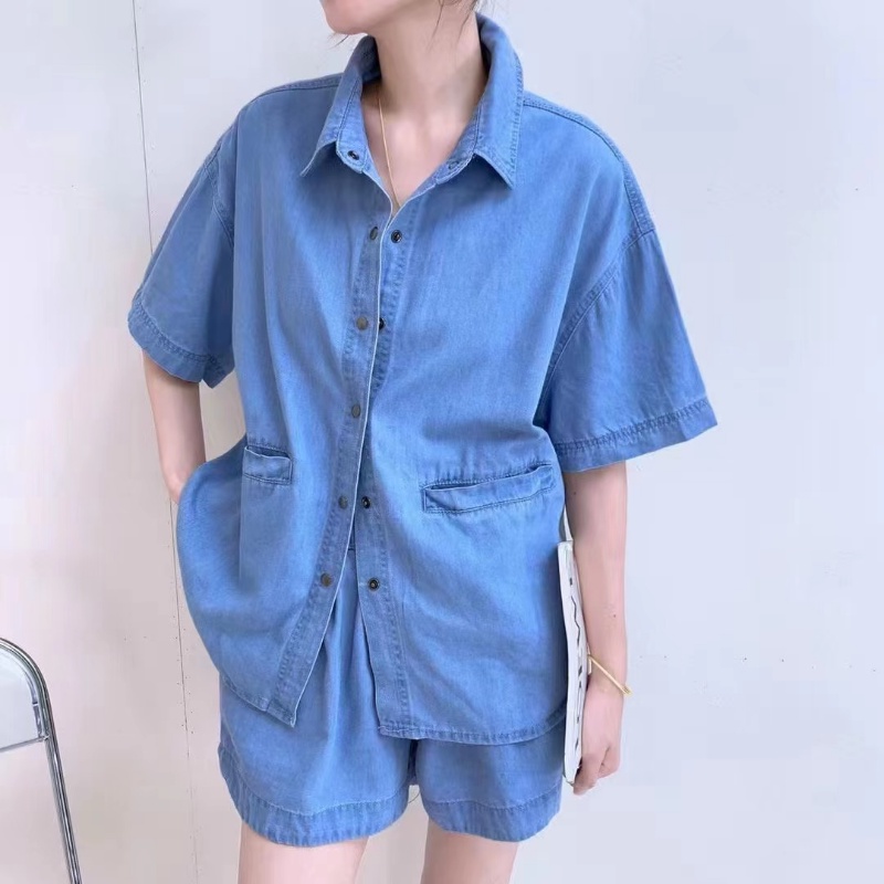 Bộ Áo Sơ Mi Ngắn Tay Dáng Rộng + Quần Short Denim Lưng Cao Co Giãn Xinh Xắn Dành Cho Nữ
