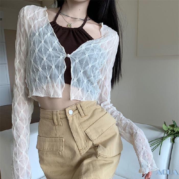 Áo Croptop Chống Nắng Tay Dài Màu Trơn Cài Nút Thời Trang Cho Nữ