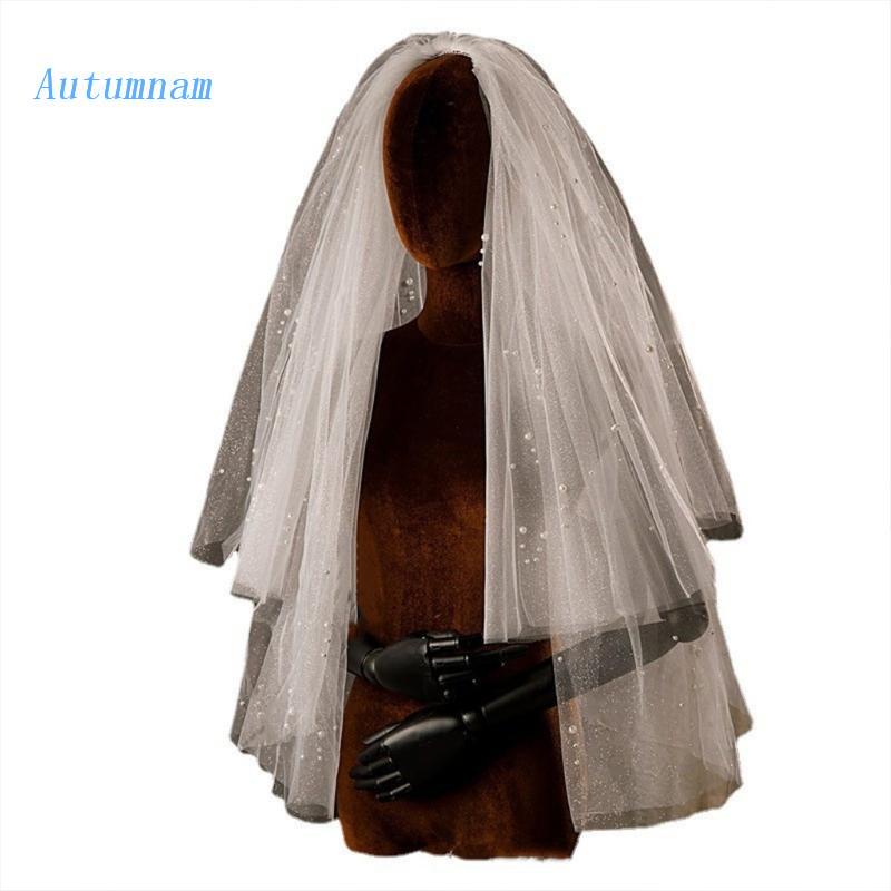 AUTU 2-Layer Bridal Veil with Comb Cut Edge Decorative Pearls Short Sparkling Tulle