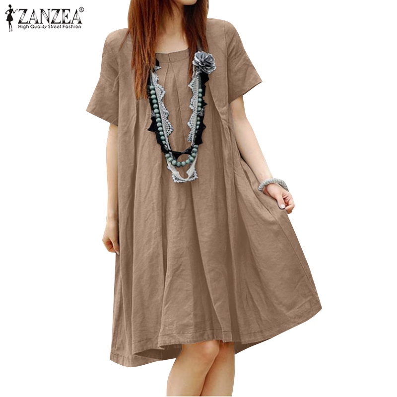 Đầm ZANZEA dáng rộng cổ tròn tay ngắn thiết kế xếp ly phong cách Hàn Quốc thời trang dành cho nữ