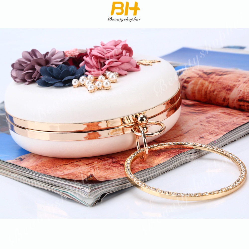 Túi Xách Tròn Đính Ngọc Trai Cầm Tay Thời Trang Sang Trọng Cho Nữ