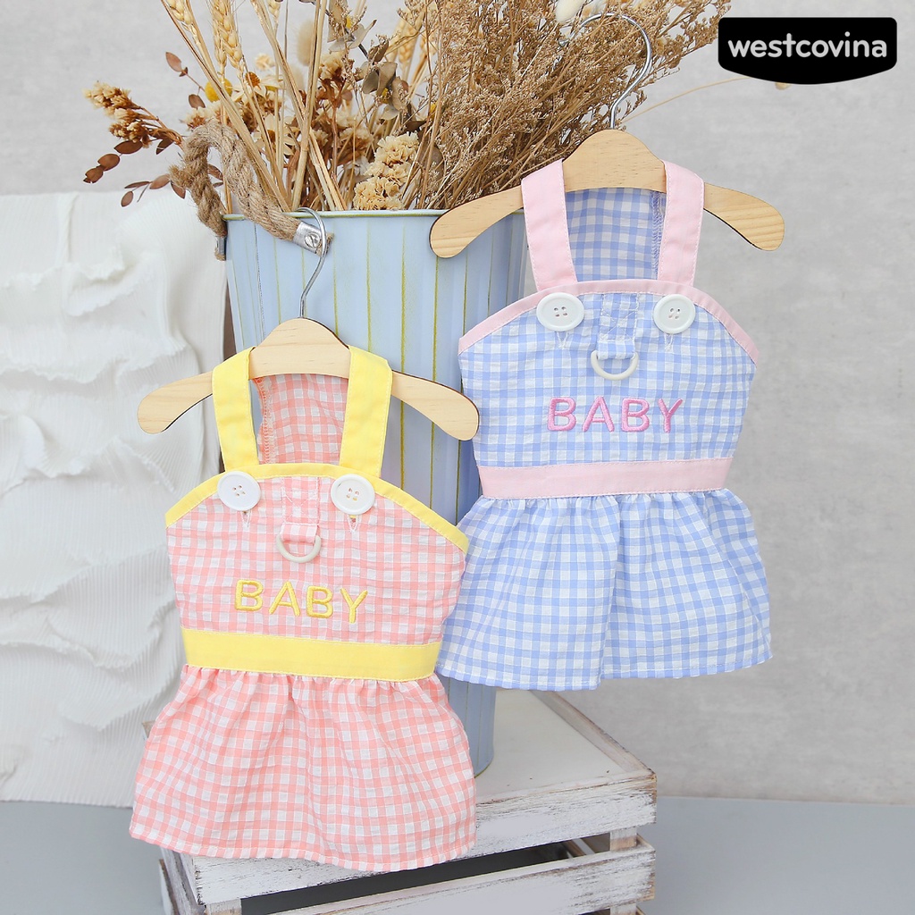 [COD]♝Đầm Công Chúa Không Tay Thêu Họa Tiết Caro Phối Nút Thời Trang Xuân Hè Cho Cún Cưng