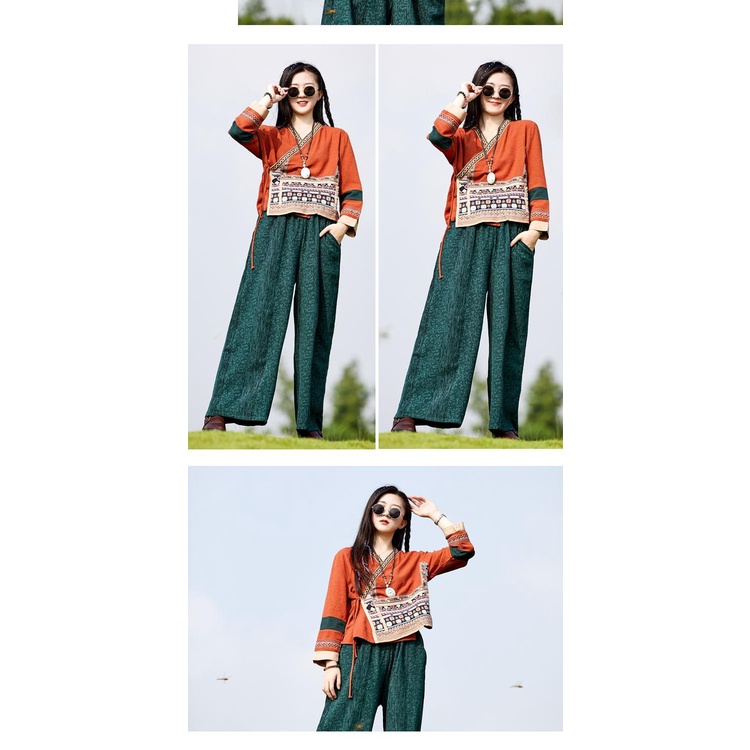 Áo Kiểu Cổ Chữ V Chất Lanh Cotton Hoạ Tiết Thêu Phong Cách Vintage