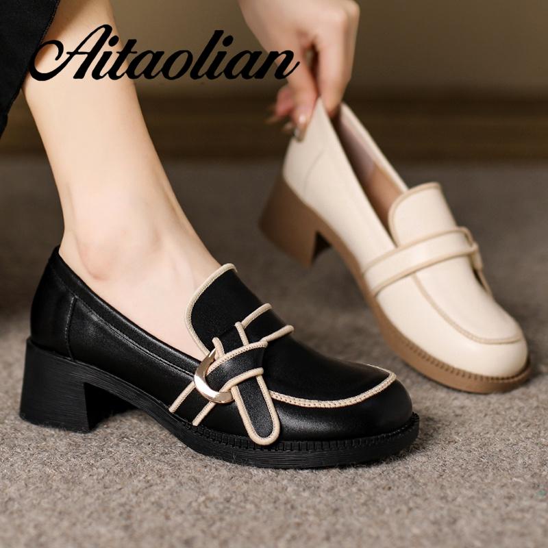 Giày Cao Gót 4.5cm Da Mềm Mũi Tròn Phong Cách Retro Anh Quốc
