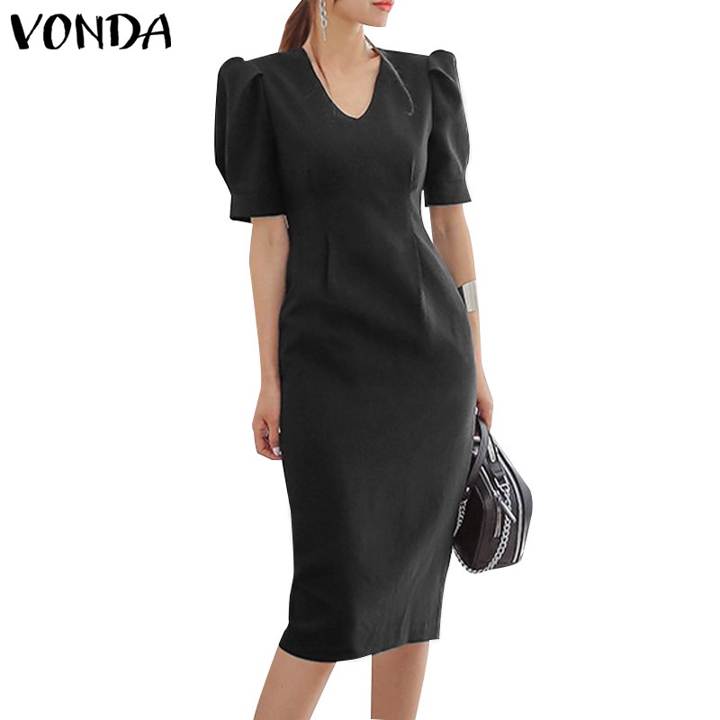 Đầm midi VONDA tay ngắn cổ chữ v màu trơn phong cách Hàn Quốc thời trang cho nữ