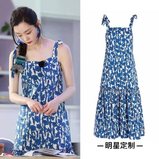 Song Yi Đầm Hai Dây Cổ Vuông Màu Xanh Dương Cao Cấp Phong Cách Pháp Cổ Điển Sang Trọng Dành Cho Nữ
