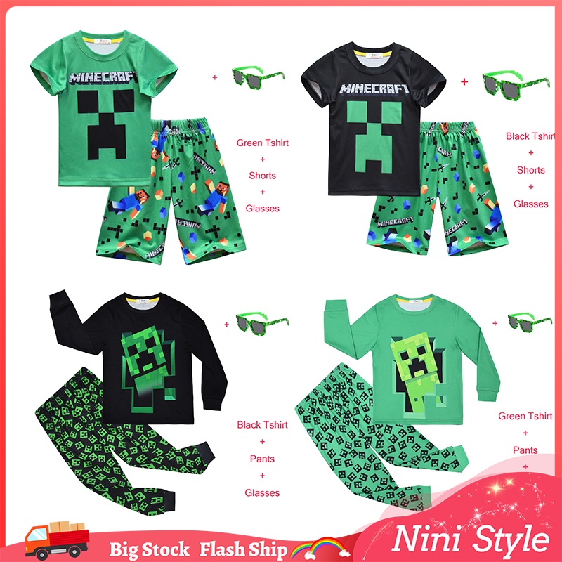 Bộ Đồ Ngủ Pijama Gồm Áo Thun + Quần Short + Nón Hóa Trang Minecraft Cho Bé Trai