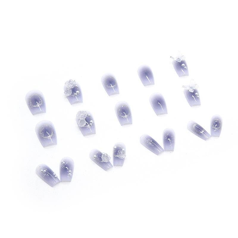 Set 24 Móng Tay Giả Màu Xanh Dương Không Nhòe Cực Quang Họa Tiết Hoa Trà/Móng Tay Giả 3d / Móng Tay Giả Kèm Keo Móng Dài/ nơ kèm keo dán dễ thương xinh xắn