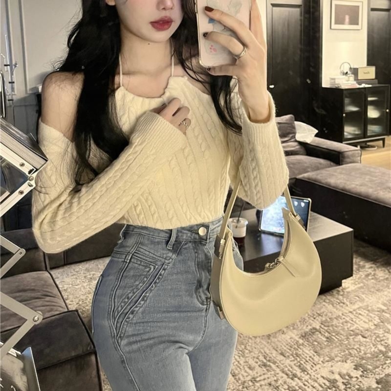 Áo Sweater Dệt Kim Trễ Vai Dáng Ôm Màu Trắng Thời Trang Quyến Rũ Cho Nữ