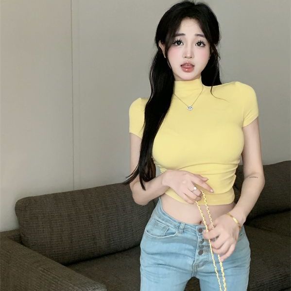 COZOK Áo Thun Ngắn Tay Cổ Cao Dáng Ôm Thời Trang Dành Cho Nữ