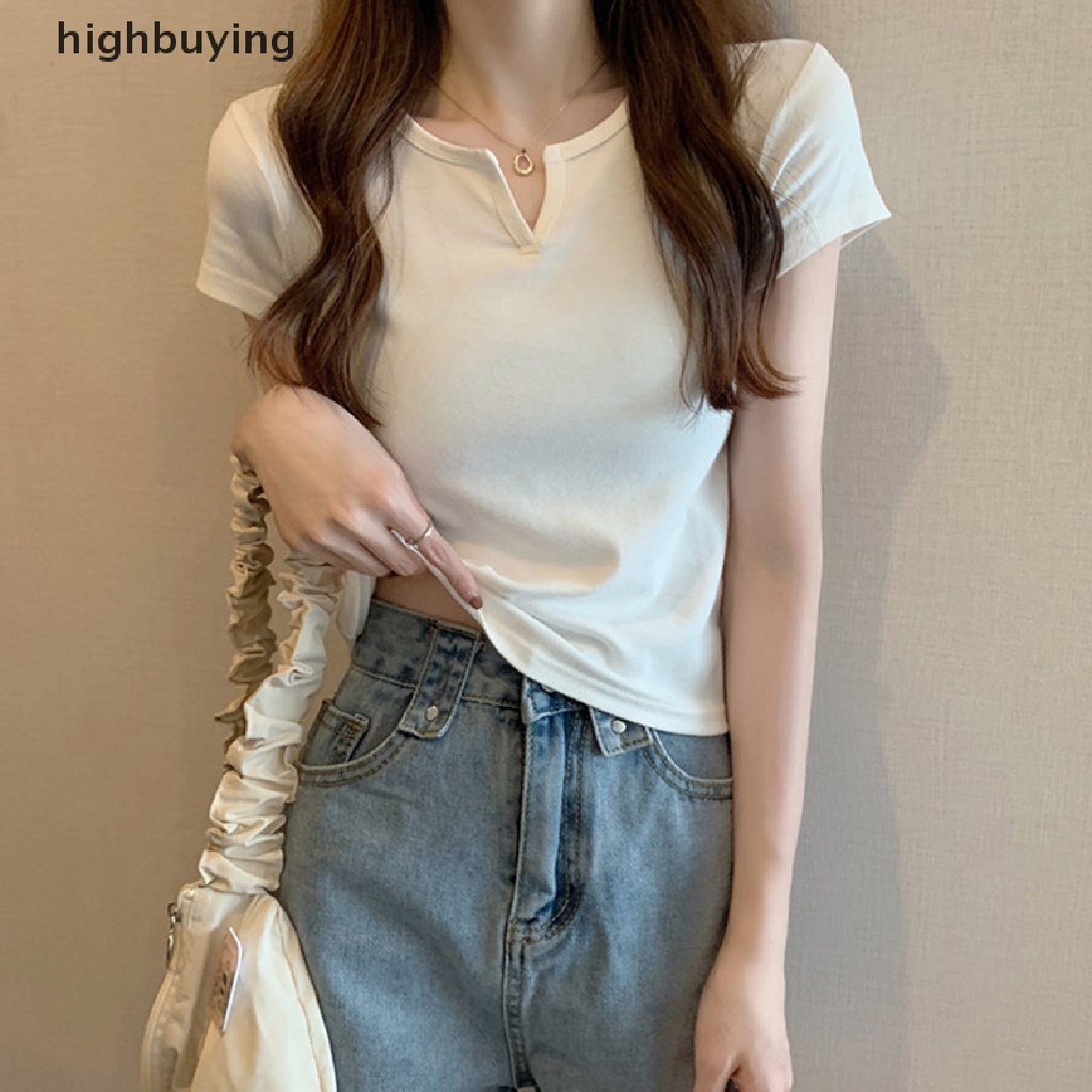 Áo Thun Lửng Tay Ngắn Cổ Chữ V Màu Sắc Đơn Giản Cho Nữ