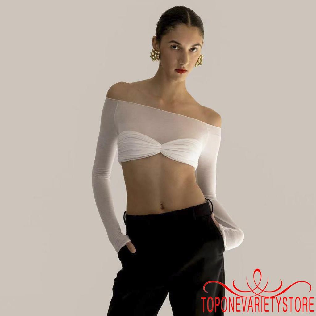 Áo Croptop Trễ Vai Tay Dài Xuyên Thấu Y2K Màu Trơn Phong Cách Đường Phố Cho Nữ