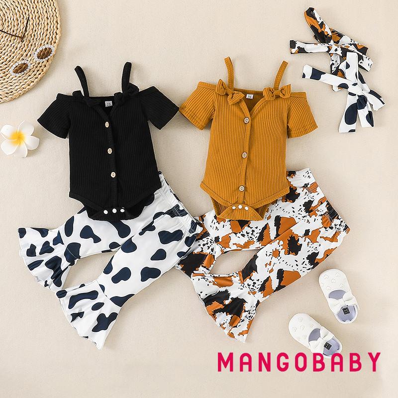 Set Đồ Mùa Xuân 3 Món Gồm Áo Liền Quần Hai Dây Tay Cộc + Quần In Hình Bò Sữa + Băng Đô Cho Bé Gái