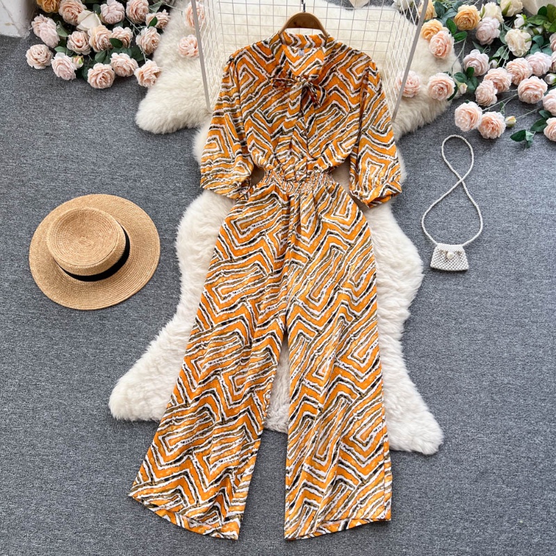 Bộ Áo liền quần Ống Rộng In Họa Tiết Phong Cách Retro Pháp Thời Trang Mùa Hè Cho Nữ