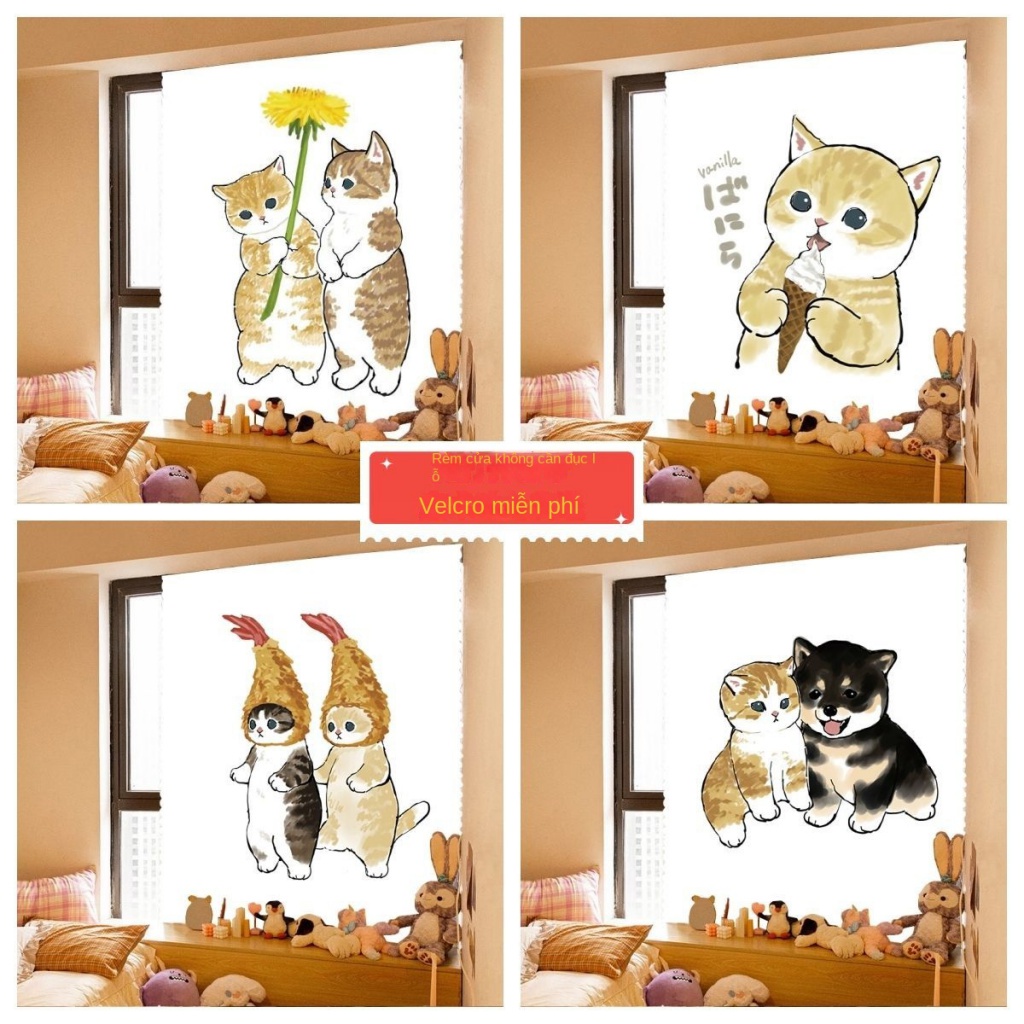 Rèm Cửa Sổ Dạng Ngắn Bằng Vải Dán Không Cần Đục Lỗ Họa Tiết Mèo Dễ Thương Trang Trí Cửa Ra Vào