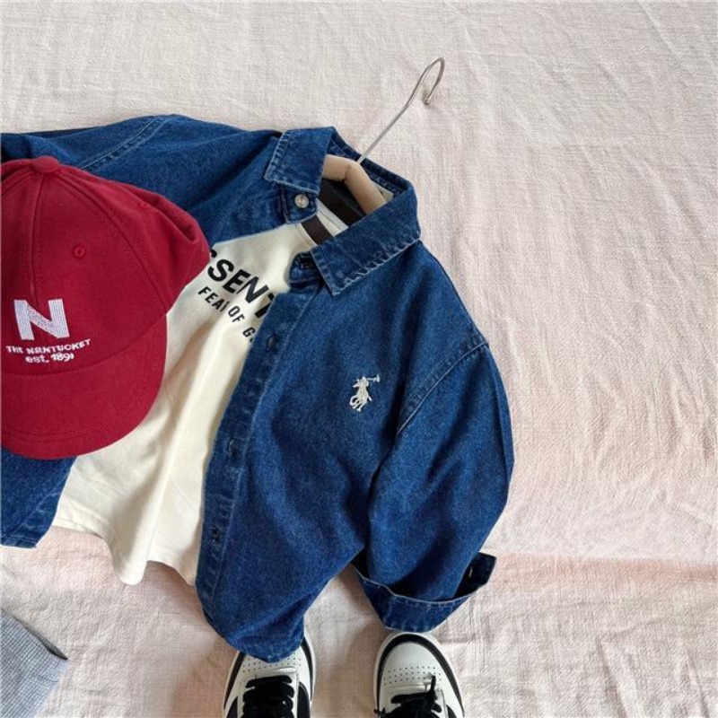Áo Sơ Mi Denim Thêu Họa Tiết Đơn Giản Màu Trơn Mẫu Mới 2023 Thời Trang Xuân Thu Cho Bé Trai Và Bé Gái