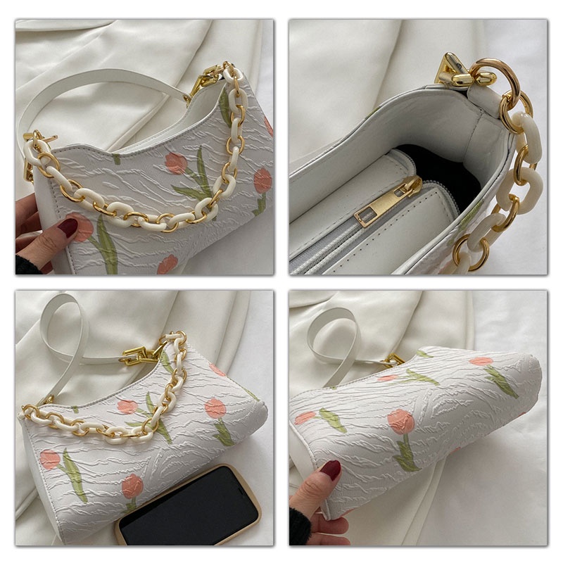 MISCHA Túi Đeo Vai Hình Vuông Cỡ Nhỏ Họa Tiết Hoa Phối Dây Đeo Sợi Xích Đơn Giản Thời Trang Phong Cách Hàn Quốc Cho Nữ