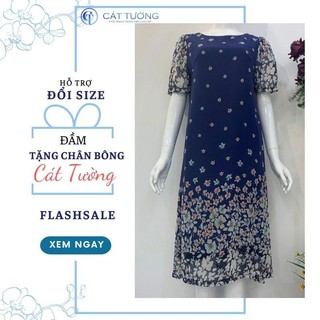 Đầm kiểu thiết kế sang trọng màu xanh tặng bà, tặng mẹ đầm tặng chân bông - Thời trang Cát Tường
