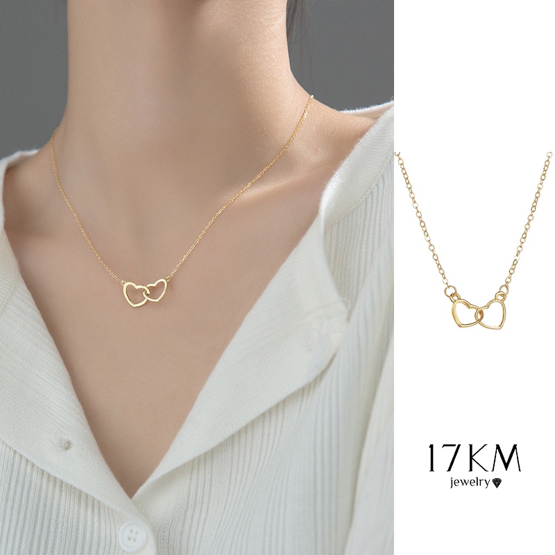 Dây chuyền 17KM mạ vàng/ bạc mặt hình trái tim lồng nhau thời trang đơn giản dành cho nữ