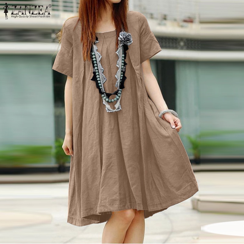 Đầm ZANZEA dáng rộng cổ tròn tay ngắn thiết kế xếp ly phong cách Hàn Quốc thời trang dành cho nữ