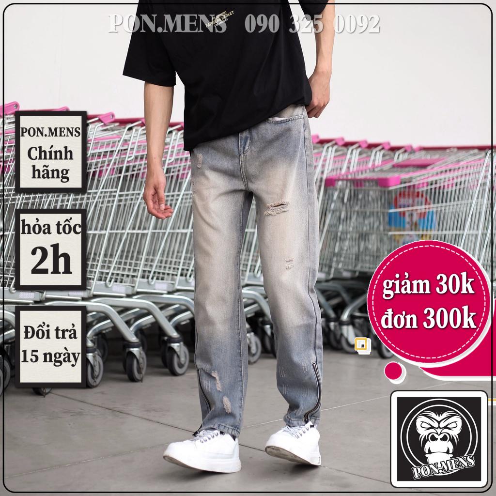 Quần jean ống suông rộng nam nữ unisex khóa zip ống rách gối màu xanh bạc vintage đẹp mới hà nội hcm Pon.mens