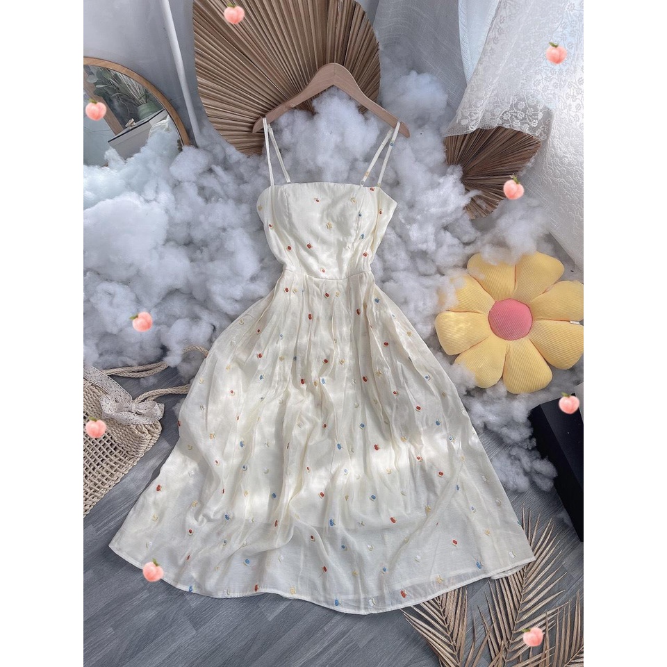 Đầm 2 dây maxi hoa thêu chun kem