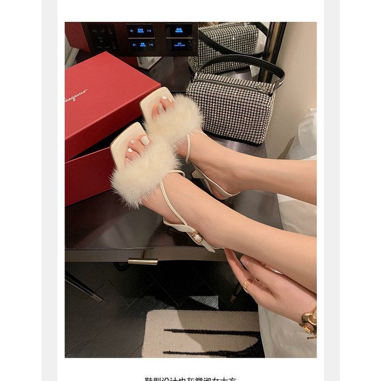 Giày Sandal Cao Gót 6.5cm Hở Ngón Phối Lông Thỏ Thời Trang Mùa Hè Cho Nữ