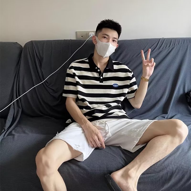 Áo Thun POLO Cotton Tay Ngắn Kẻ Sọc Ngang Đính Hạt Cườm Thời Trang Mùa Hè Hàng Mới 2023 Dành Cho Bạn Nam