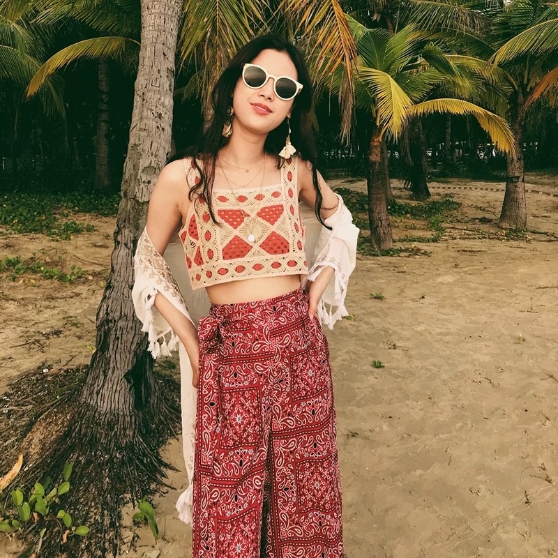 Áo hai dây cổ vuông đan móc hoạ tiết trám đi biển, mix váy áo MS577