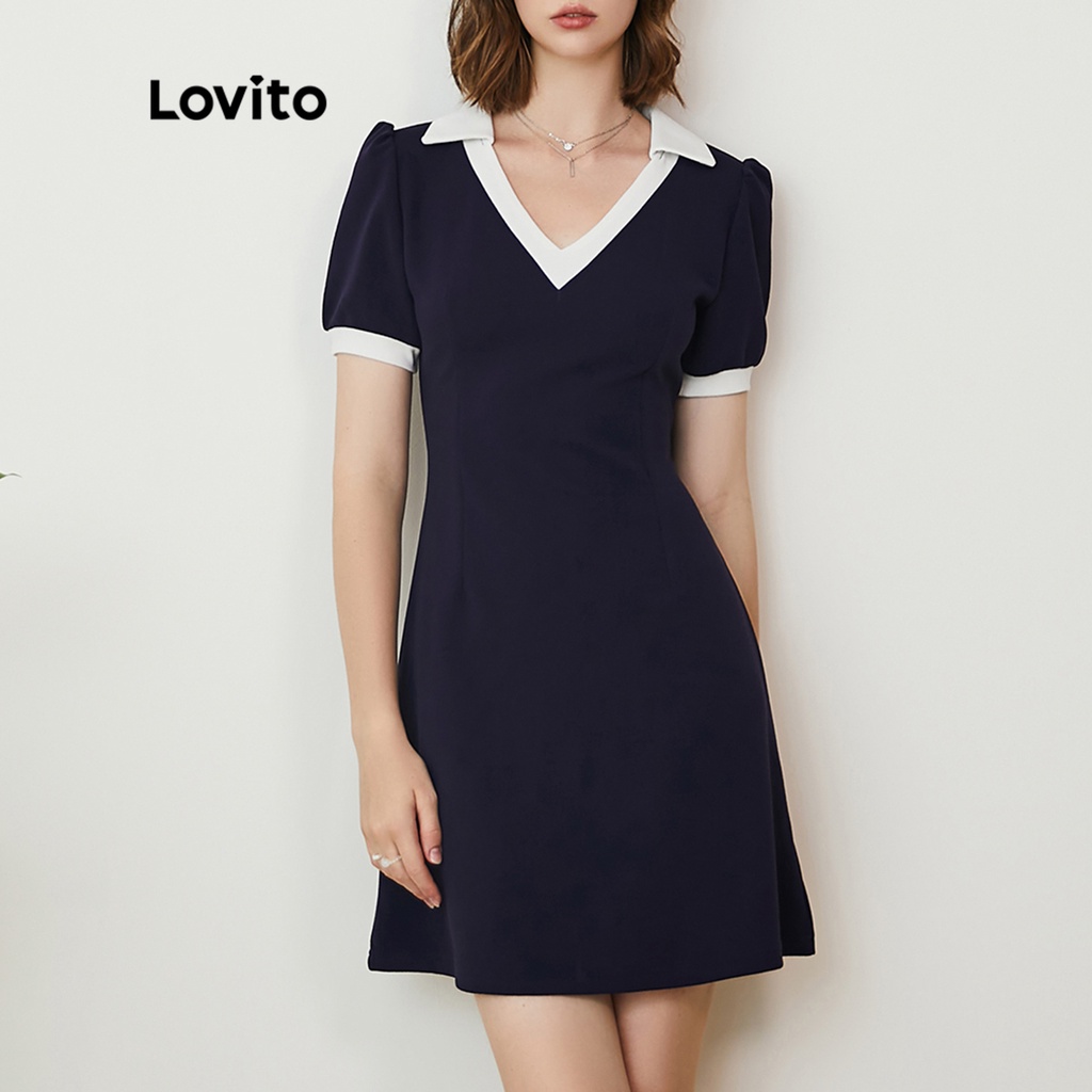(Lovito Premium) Đầm trơn màu giản dị Colorblock V có cổ vẽ lại L24AD071 (Xanh đậm)