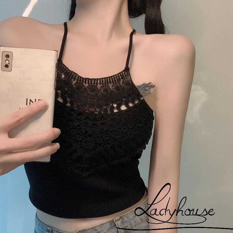 Áo Croptop Không Tay Phối Ren Hoa Thời Trang Mùa Hè Cho Nữ