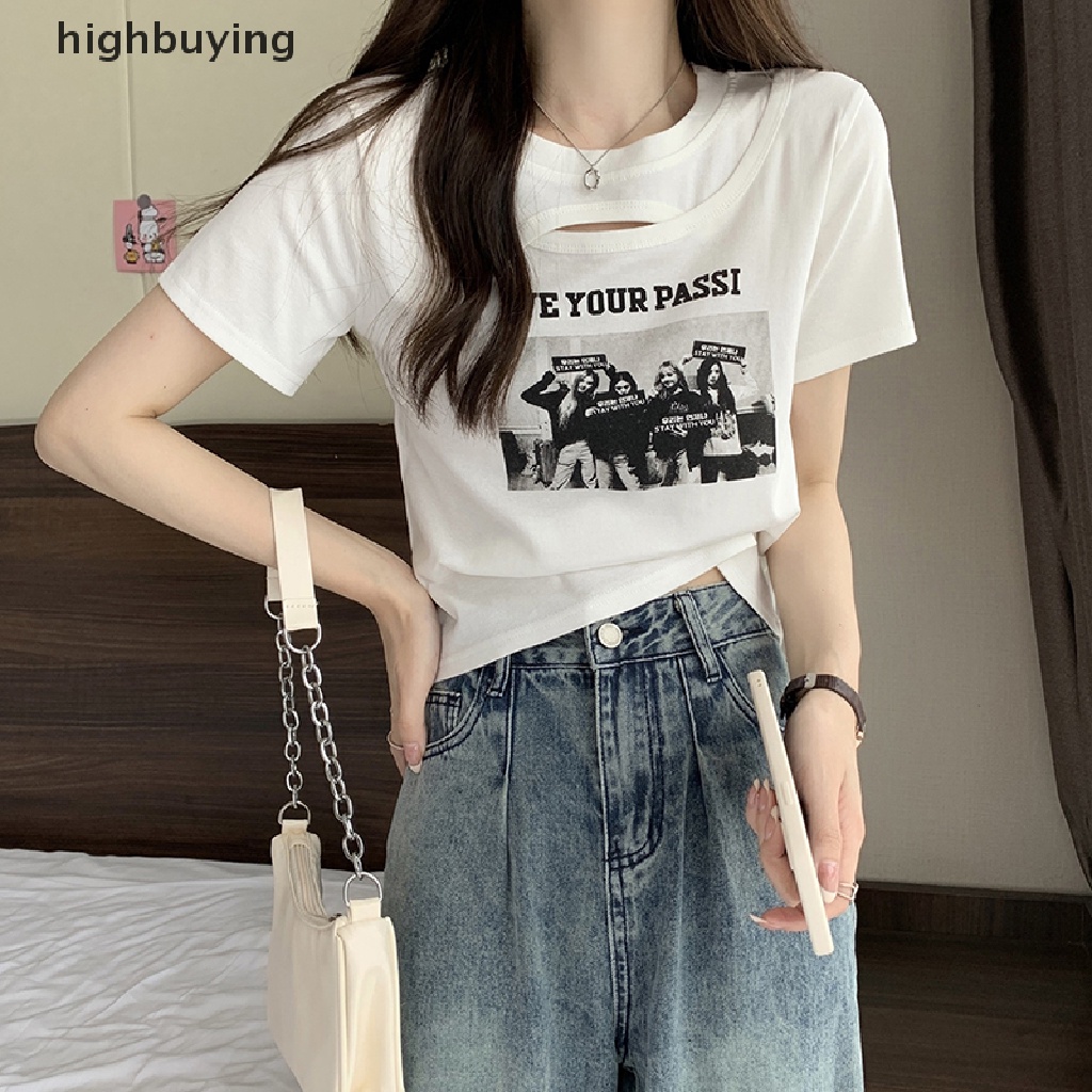 Áo Thun Lửng Ngắn Tay Cổ Tròn In Họa Tiết Vintage Cho Nữ