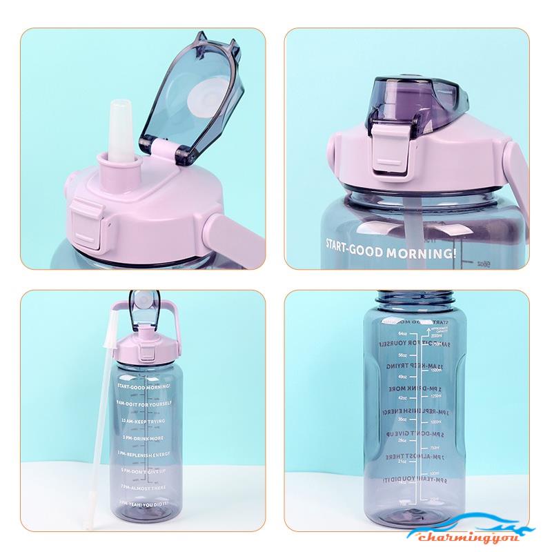 Bình đựng nước thể thao tập gym đi học từ 2 lít chai nhựa 2l chia vạch tặng dây đeo vòi ống hút