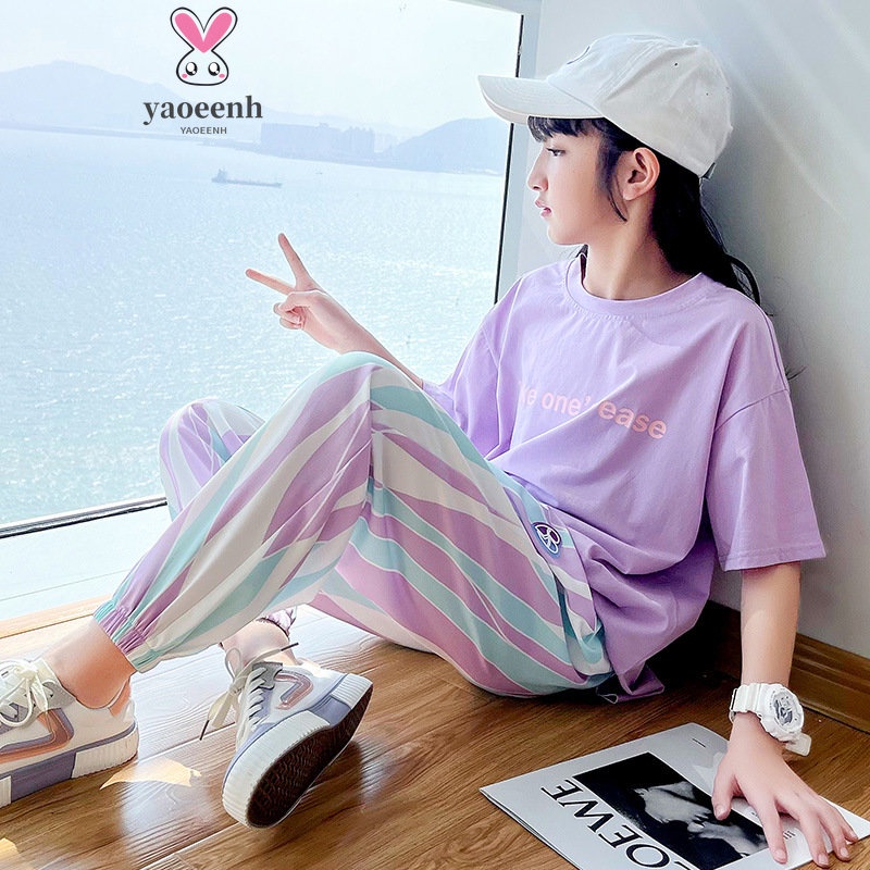 【YAOEENH】Set Đồ Thể Thao Tay Ngắn In Chữ Nhiều Màu Sắc Thời Trang Xinh Xắn Cho Bé Gái 120-170cm