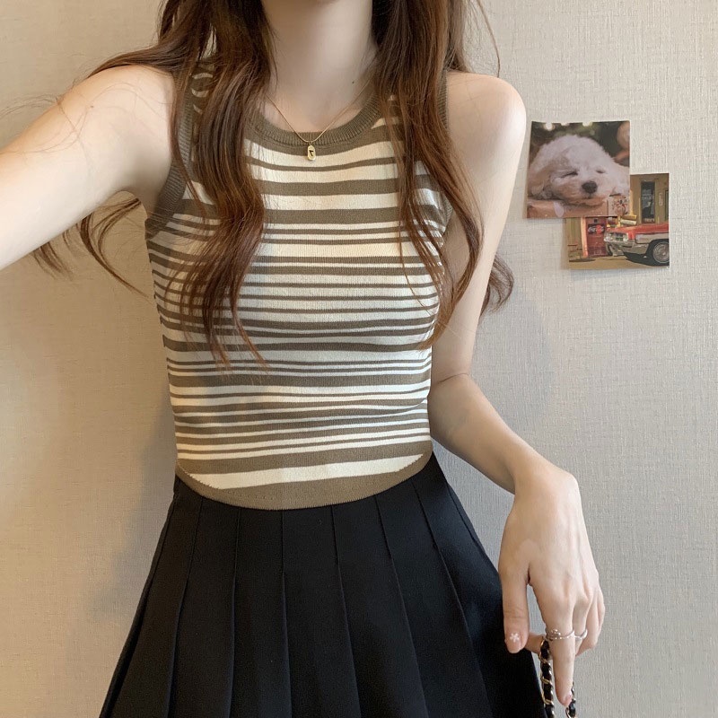 Áo Hai Dây Dệt Kim Dáng Ngắn Họa Tiết Kẻ Sọc Thời Trang Cho Nữ