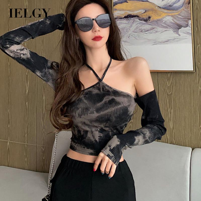 IELGY Áo Thun Croptop Tay Dài Hở Vai Dáng Ôm Màu Nhuộm Đen Thời Trang Cho Nữ