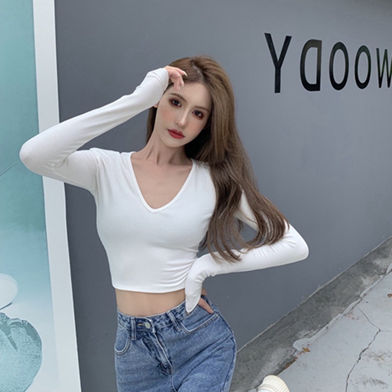 IELGY   Áo Thun Tay Dài Cổ Chữ v Ôm Dáng Thời Trang Cho Nữ