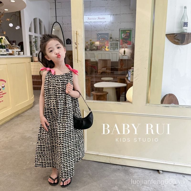 2023 Summer summer dress trendy style baby girl Korean style sleeveless contrast color printed loose sling dress 1FEC