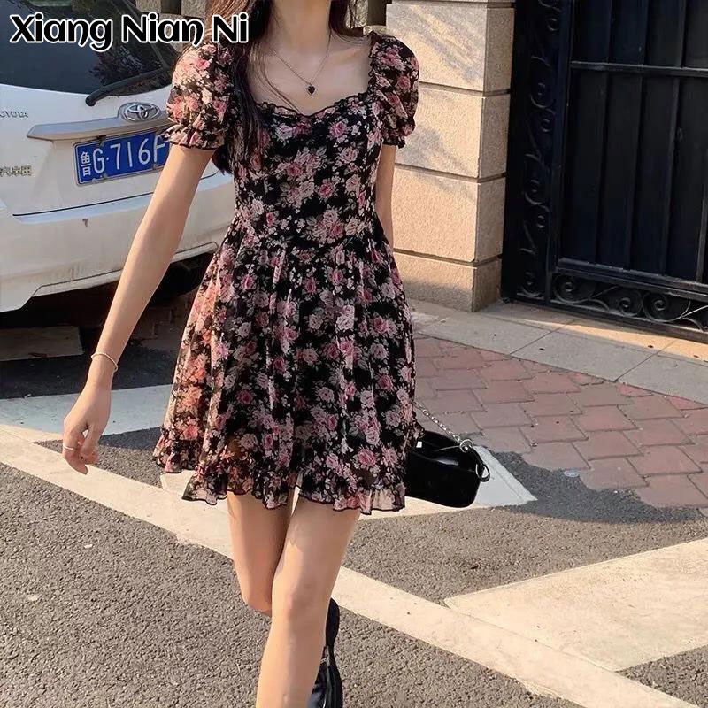 Xiang Nian Ni Đầm dáng chữ A cổ vuông tay phồng xếp ly họa tiết hoa kiểu Pháp thời trang mùa hè dành cho nữ