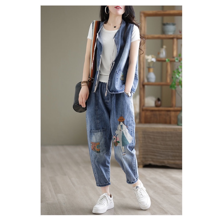 Áo Khoác Denim Không Tay Dáng Rộng Thêu Họa Tiết Cá Tính Theo Phong Cách Vintage