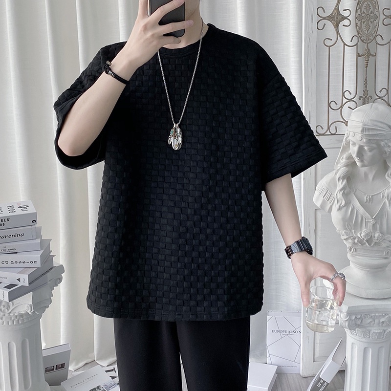 Áo Thun Tay Ngắn Dáng Rộng Họa Tiết Sọc Caro Thời Trang Cá Tính Cho Nam