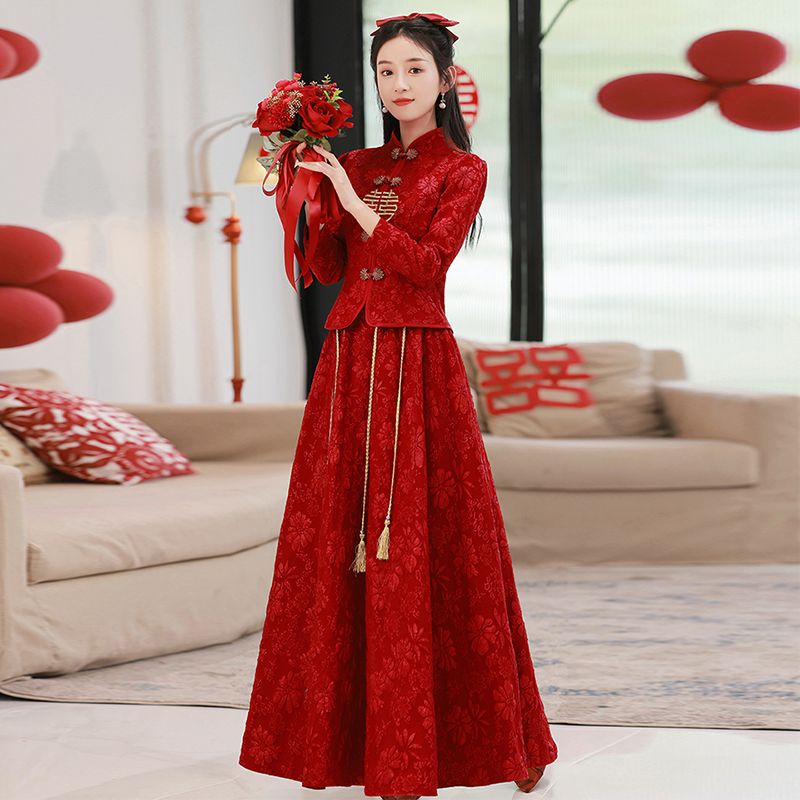 Đầm Sườn Xám Tay Dài Màu Đỏ Rượu Vang Phong Cách Trung Hoa Độc Đáo Thời Trang Cho Nữ