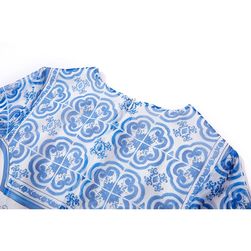 Đầm Chữ A Vải chiffon Lụa Nhẹ In Họa Tiết Sứ Màu Xanh Dương Và Trắng Thời Trang Xuân Hè 20233