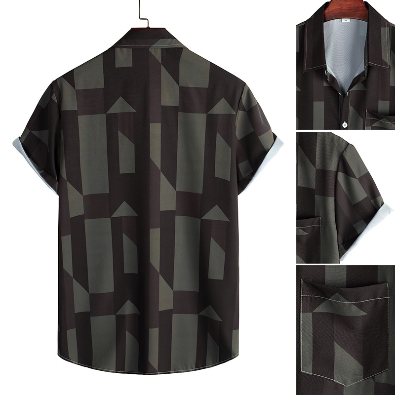 Áo Sơ Mi Tay Ngắn Dáng Rộng In Họa Tiết Hình Học / Màu Đen / Xanh Lá / Trắng Cài Nút Thời Trang Đường Phố Cho Nam