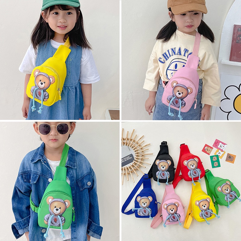 Túi Đeo Chéo Ngực / Thắt Lưng Vải Canvas Hình Gấu Hoạt Hình Dễ Thương Có Khóa Kéo Có Thể Điều Chỉnh Cho Bé