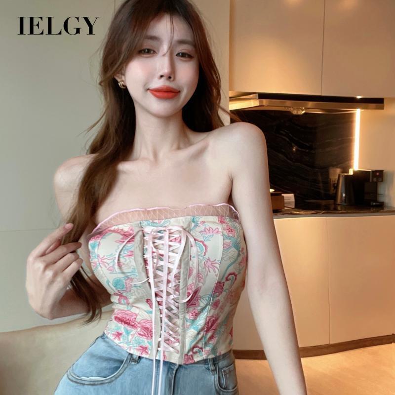 IELGY     Áo Ống Ren Mỏng In Họa Tiết Kiểu Cổ Điển Thời Trang Cho Nữ