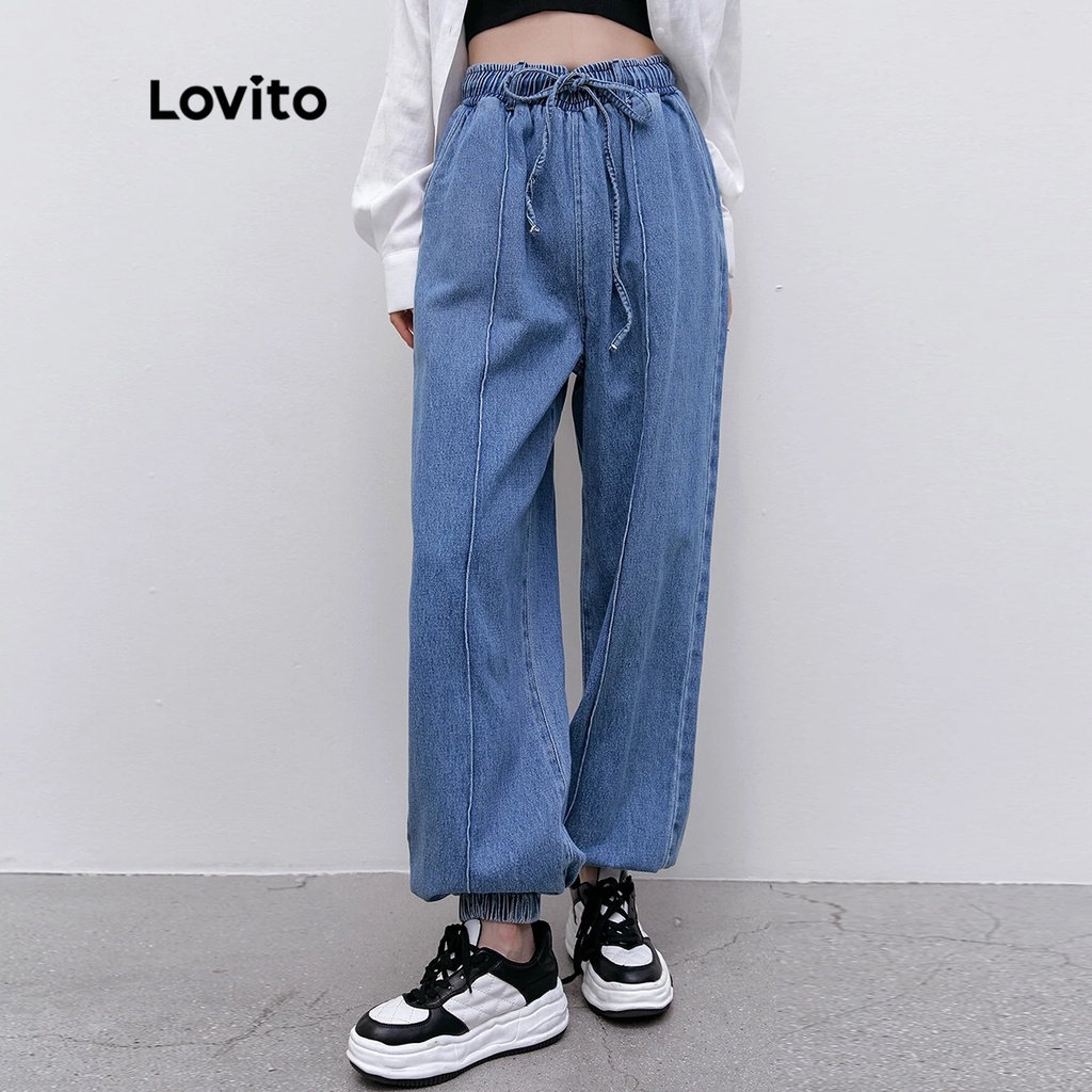 Quần Jeans Nữ Lovito Casual Trơn Có Đệm Lưng Thun L39AD076 (Xanh dương)