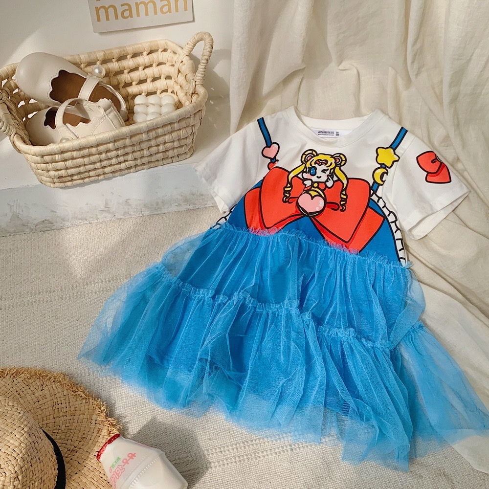 Đầm Công Chúa 2023 Tay Ngắn In Họa Tiết Hoạt Hình Dễ Thương Cho Bé Gái 2-9 Tuổi