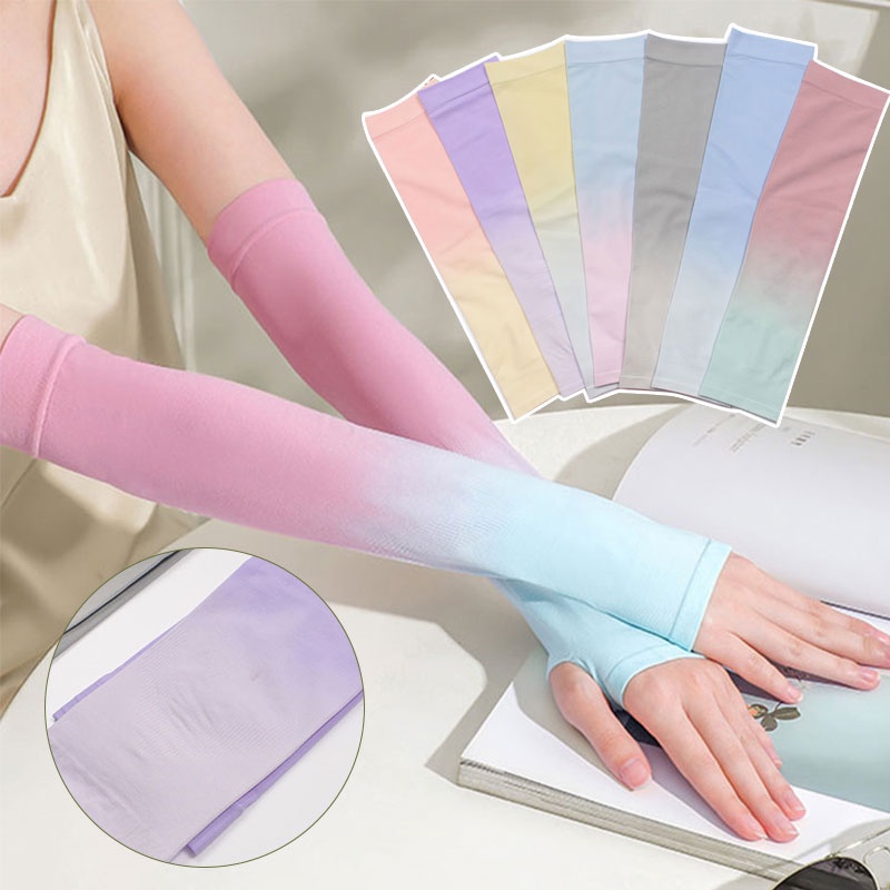 Găng Tay Dài Hở Ngón Vải Lạnh Co Giãn Màu Sắc Gradient Dành Cho Nữ
