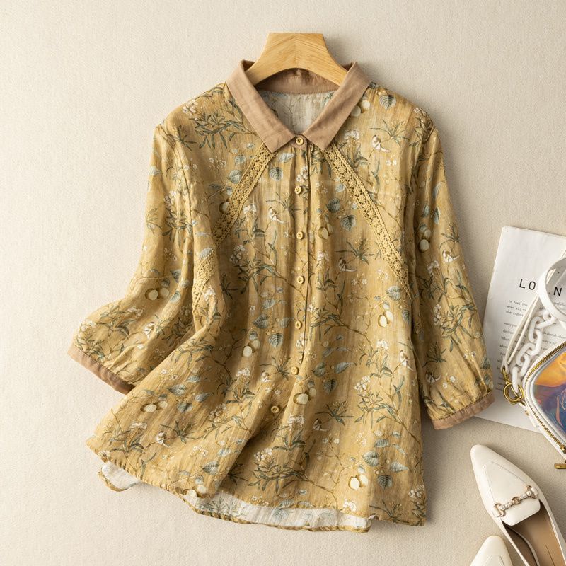 ICE cotton and linen Japanese retro printed shirt summer top high-end foreign trade export tail single Ramie women's loose artistic cotton and linen